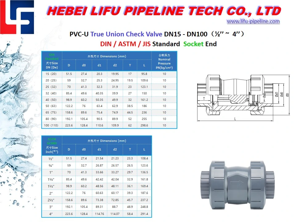 High Quality Plastic Check Valve PVC True Union Female Thread Check Valve PVC Double Union Flanged End Connection Check Valve UPVC Swing Check Valve